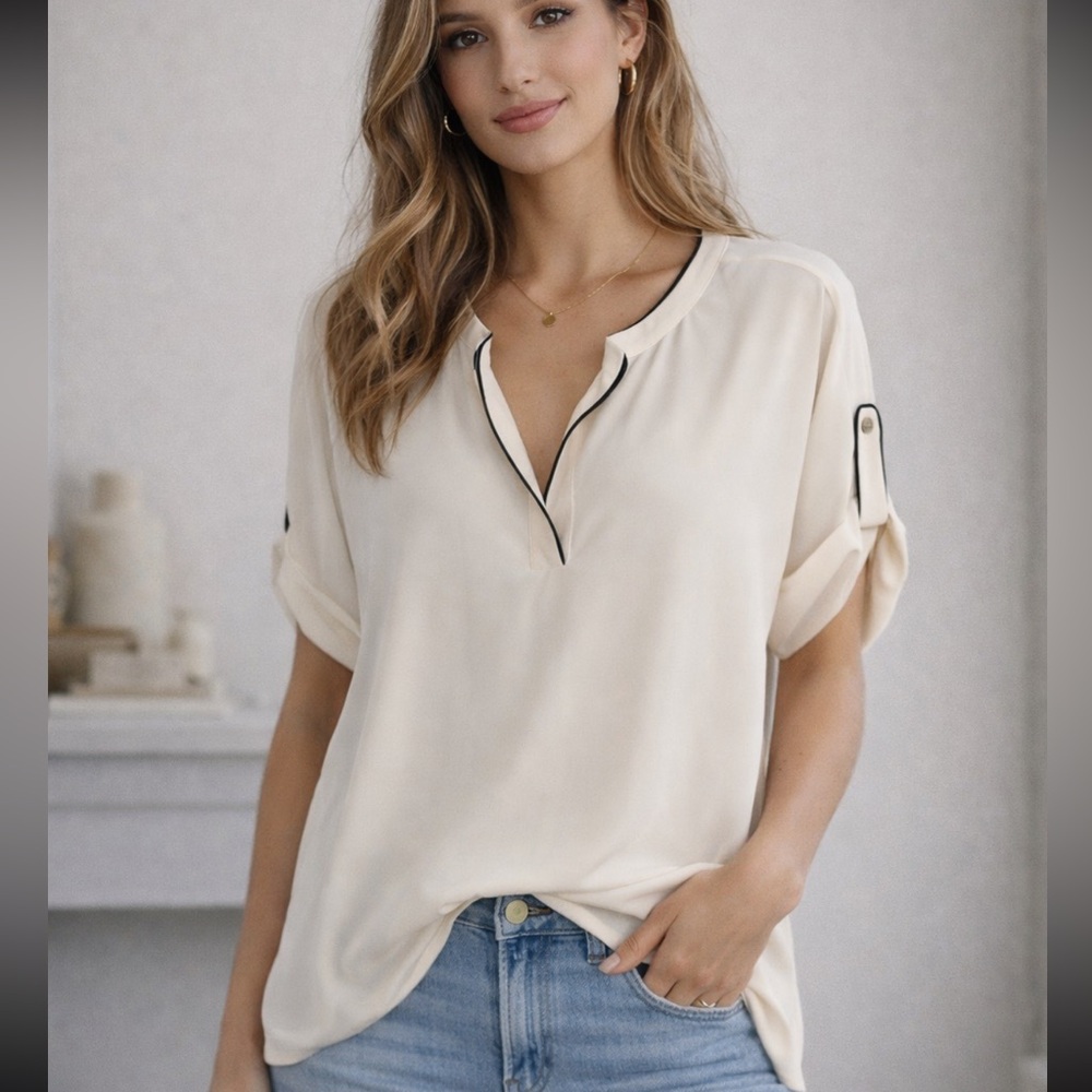 Ann Taylor Ivory Blouse with Dark Edging